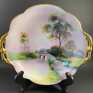 Antique Hand Painted Landscape Scene Nippon Porcelain Handled Bowl Maple leaf mark