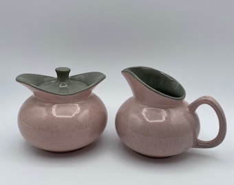 Vintage MCM Harkerware Pink Grey Speckled Glaze Stone China Cream and Lidded Sugar Set Circa 1960s Mid Century Modern Atomic Era Kitchenware