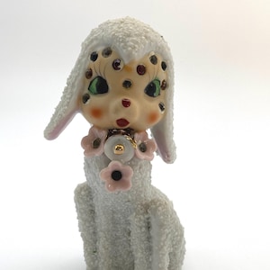Vintage MCM Jeweled Rhinestone Sugar Glazed Anthropomorphic Porcelain Lamb Figurine Big Green Eyes Midcentury Modern Kitsch Kitschy Japan