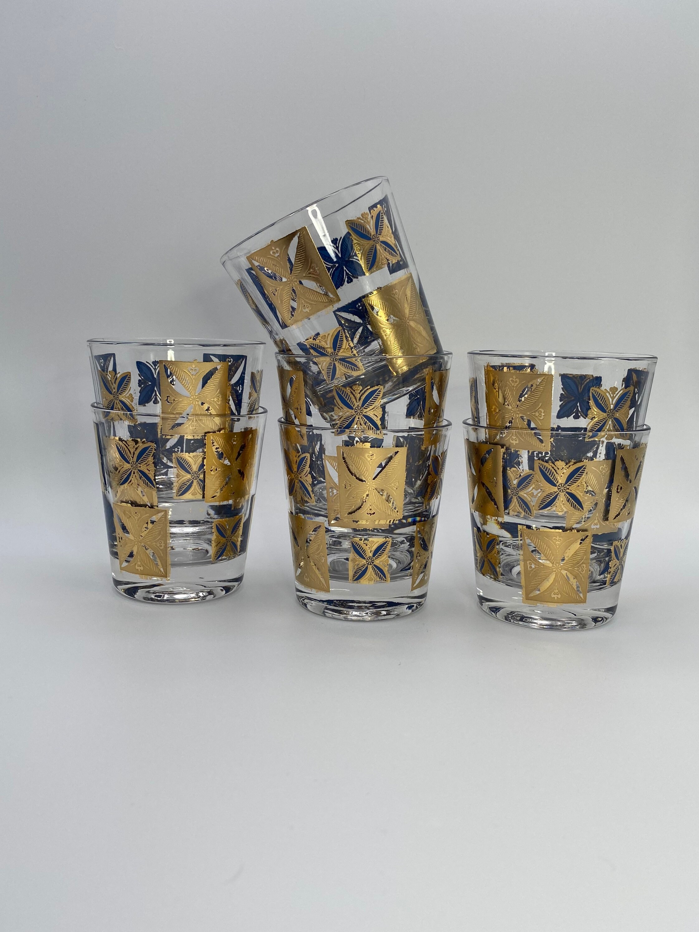 Set of 7 Vintage MCM Cera Glass Co Blue and 22kt Gold Old Etsy