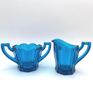 Vintage Westmoreland Glass Co Handmade Belgian Blue Colonial Paneled Star Base Handled Open Cream and Sugar Dish Set