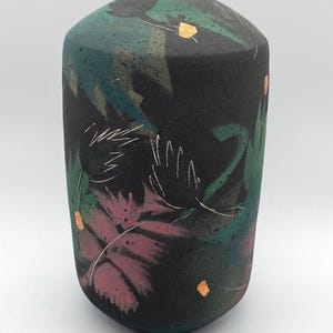 Vintage Signed Laura Ross Hand thrown Hand painted Jewel Tone Feather Art Pottery Clay Vase Cylindrical Vase