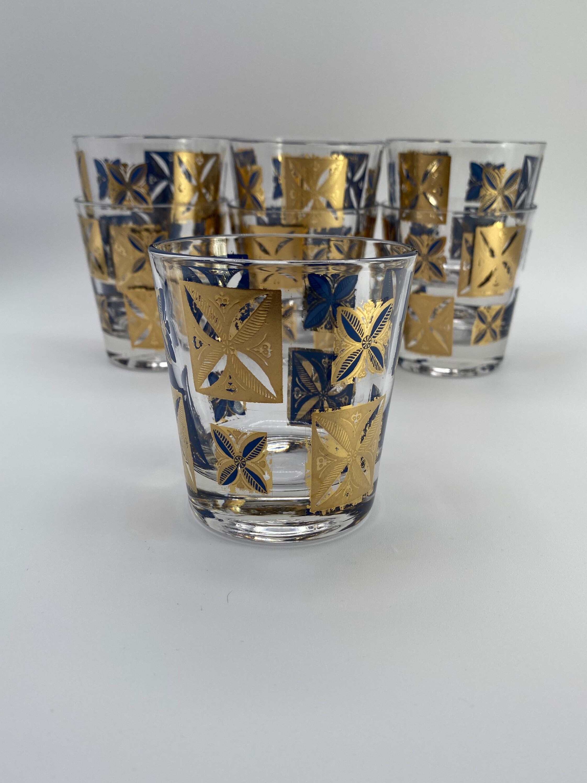 Set of 7 Vintage MCM Cera Glass Co Blue and 22kt Gold Old Etsy