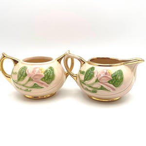 Vintage Pink Magnolia Matte Glaze Hull Art Pottery Cream and Sugar Set Pink Flower Gold Trim C 1940s