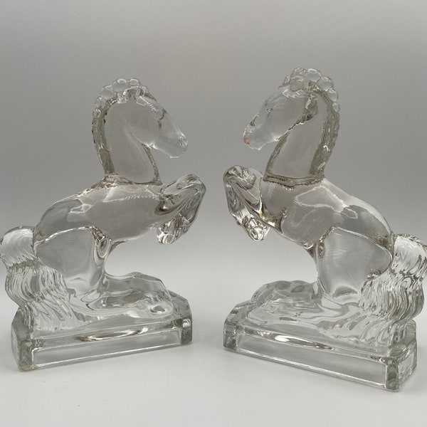 Vintage MCM Fostoria Clear Glass Rearing Horse Bookends Vintage Glass Animal Figurines Glass Bookends Home Decor