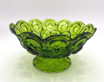 Vintage LE Smith Green Glass Compote Dish: Moon and Stars Pattern