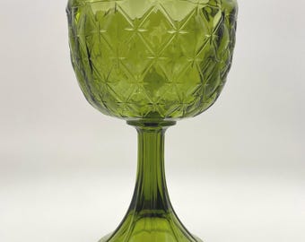 Vintage MCM Indiana Glass Co Avocado Green Duette Diamond Quilted Compote Glass Dish Vintage MCM Decor Collectible Glass Decor