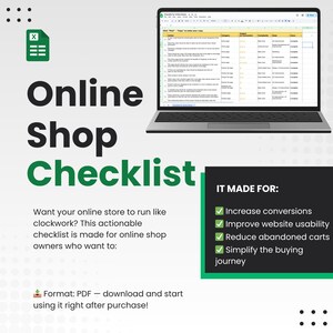 Puede incluir: Un portátil muestra una hoja de cálculo titulada "Checklist for Online Shops". La imagen presenta el texto "Online Shop Checklist" en negro y verde, con viñetas que resaltan los beneficios.