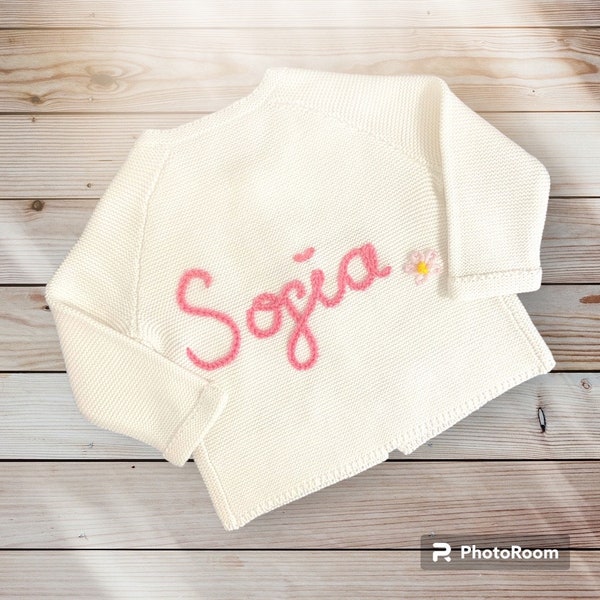 Personalised Embroidered Name Knitted Baby Cardigan Pink White Cream Newborn Baby Shower Gift