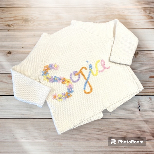 Personalised Flower Embroidered Name Knitted Baby Cardigan Multi Colour Pastels Baby Shower Newborn Gift
