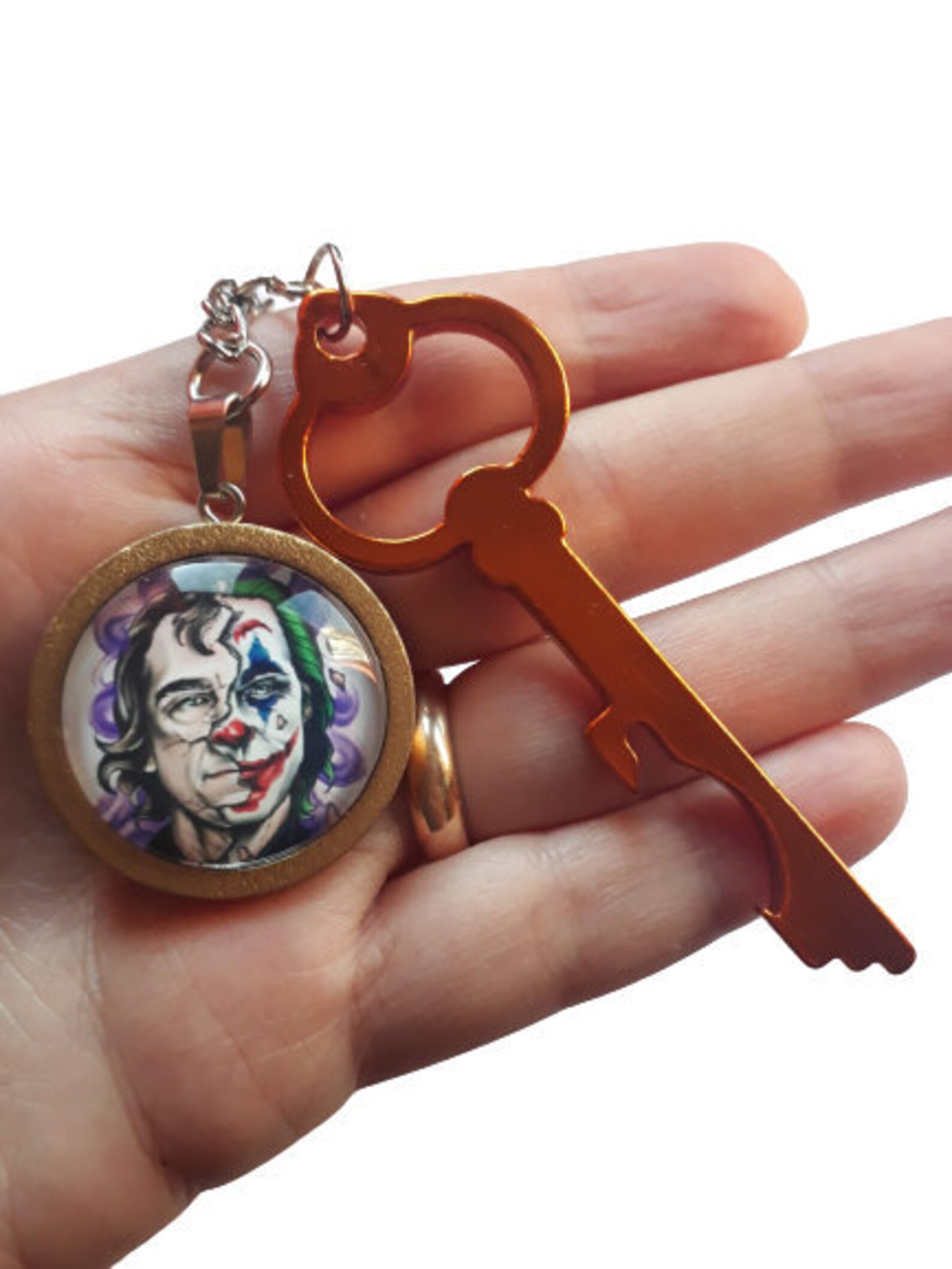 Joker Keychain with Golden Wood Pendant and Glass Cabochon Etsy