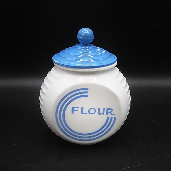 Fire King Blue Circle FLOUR Vitrock Glass Canister - Depression Kitchen Storage Drip Jar