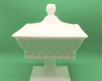 Fostoria American Milk Glass Wedding Bowl and Cover  #2056 Cube Pattern Candy Box