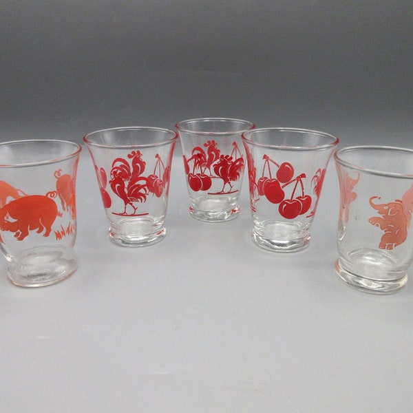 Mixed Lot 5 Swanky Swig 1950s Juice Glasses Pink Elephant Pig Red Cherry