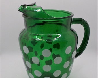 Anchor Hocking Forest Green Glass Pitcher with White Polka Dots