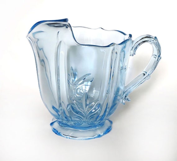 Rare Fostoria Glass Baroque Azure Blue Pitcher With Ice Lip Etsy