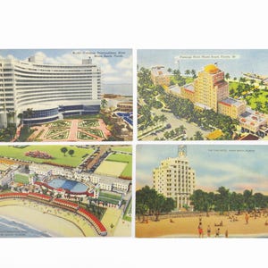 May include: Four vintage postcards featuring illustrations of hotels and beach scenes in Miami Beach, Florida. The postcards showcase architectural details and include text such as "Flamingo Hotel" and "The Surf Hotel". The images are in various colors, including blue, green, and yellow.