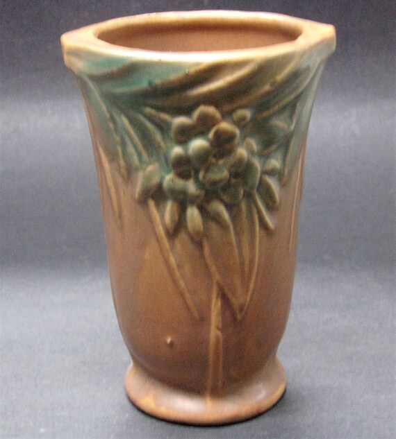 Mccoy Pottery Vase Matte Glaze Brown And Green Berry And Leaf Etsy