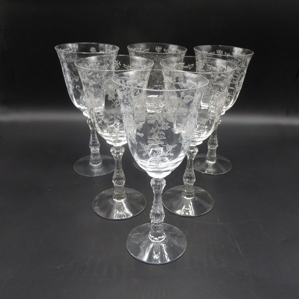 6 Fostoria Navarre Etch Wine Goblets 7 5/8" - 6016 Wilma Stems