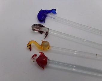 4 Vintage Glass Swizzle Sticks Stirrers - Flamework Santa, Duck, Dolphin, Fish