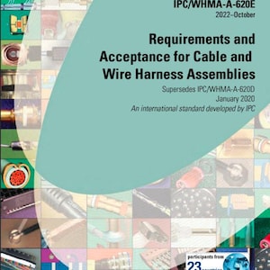 Puede incluir: Una página de portada azul turquesa para un documento titulado "IPC/WHMA-A-620E Requisitos y aceptación para cables y conjuntos de arneses de cables". El documento es una norma internacional desarrollada por IPC y reemplaza a IPC/WHMA-A-620D. La página de portada presenta un collage de varios componentes y conectores eléctricos.