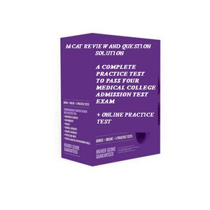 Puede incluir: Caja morada con el texto "MCAT REVIEW AND QUESTION SOLUTION" y "A COMPLETE PRACTICE TEST TO PASS YOUR MEDICAL COLLEGE ADMISSION TEST EXAM + ONLINE PRACTICE TEST". La caja también tiene el texto "HIGHER SCORE GUARANTEED" en la parte delantera y la inferior.