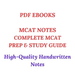 Pode incluir: Texto vermelho em fundo branco que diz "PDF EBOOKS", "MCAT NOTES", "COMPLETE MCAT", "PREP & STUDY GUIDE" e "High-Quality Handwritten Notes".