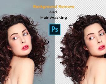 May include: A woman with long, curly brown hair is shown with a gray background on the left side of the image. The right side of the image shows the same woman with a transparent background. The text "Background Remove and Hair Masking Ps" is displayed above the image.