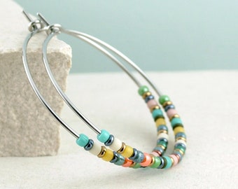 Colorful Beaded Hoop Earrings, Handmade Gift for Her,  Boho Multicolor Seed Bead Earrings, Small Hoop Earrings for Women