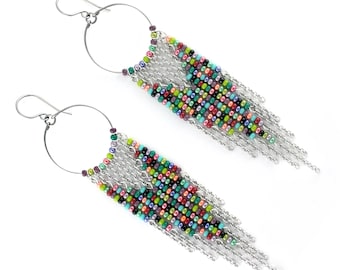 Colorful Dangle Earrings, Beaded Fringe Earrings, Handmade Boho Jewelry for Women, Seed Bead Dangle Hoop Earrings
