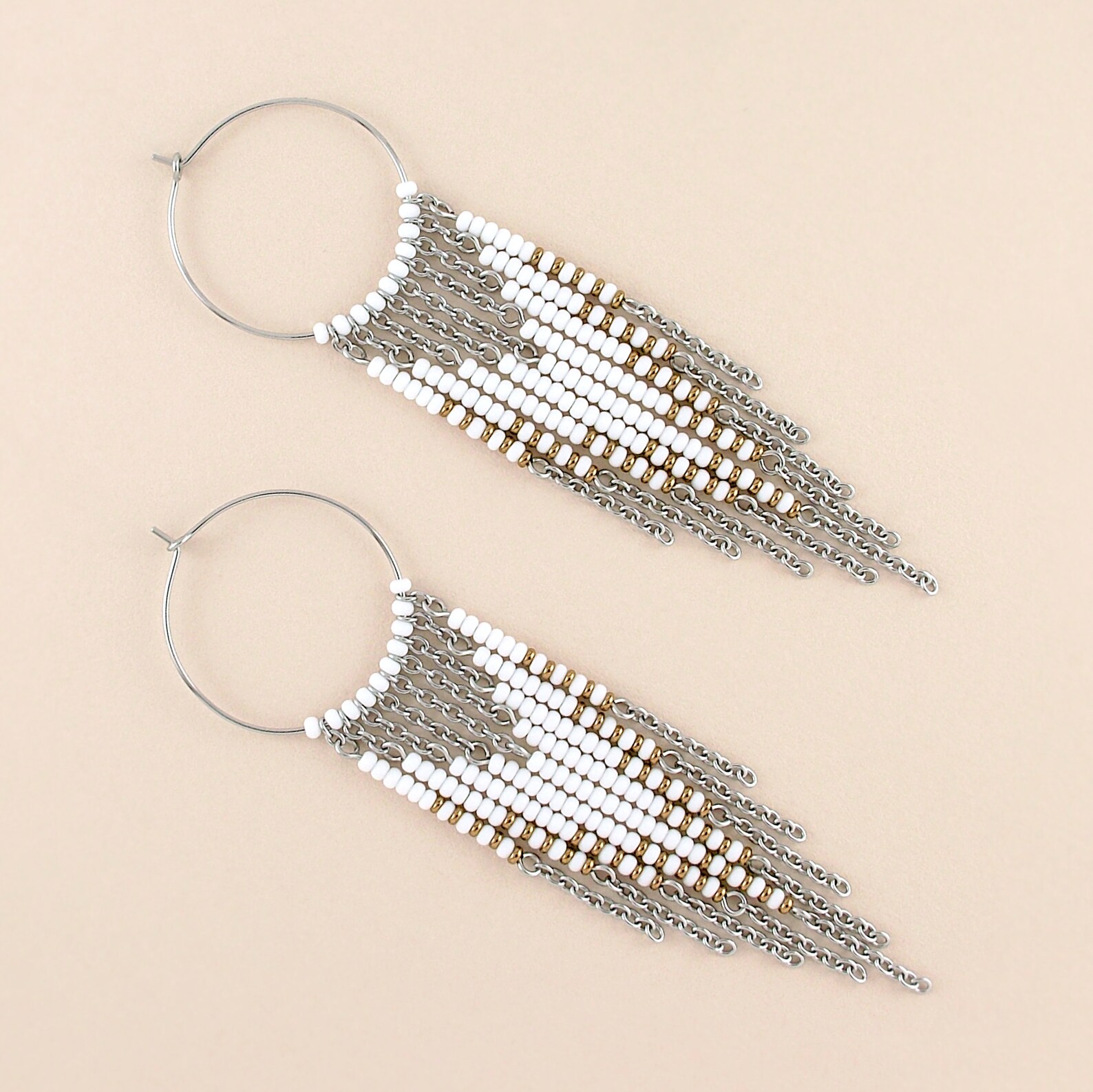 White Seed Bead Fringe Earrings Handmade Jewelry For Women Etsy