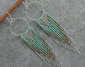 Boho Seed Bead Fringe Hoop Earrings, Unique Handmade Jewelry Gift for Women, Turquoise Blue Dangle Earrings