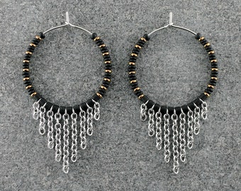 Unique Hoop Earrings with Beads and Chain Fringes, Handmade Jewelry for Women, Black Seed Bead Hoop Earrings