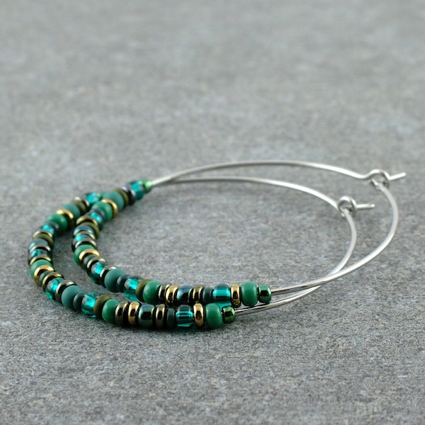 Green Seed Bead Hoop Earrings, Handmade Jewelry for Women, Large Hoop Earrings with Beads, Green Earrings