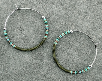 Dark Green Hoop Earrings, Handmade Jewelry for Women, Olive Seed Bead Hoop Earrings, Stainless Steel Hoop Earrings with Colorful Beads