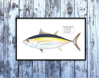 CUSTOM for Alison; 40"x24" giclee print with 35" Blackfin Tuna illustration and custom Catch Notes stamp