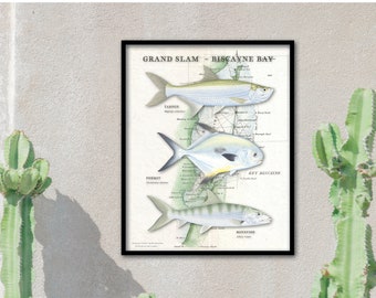 16x20 Grand Slam - Biscayne Bay with historic NOAA chart poster; Biscayne Bay Grand Slam poster; Biscayne Bay vintage poster