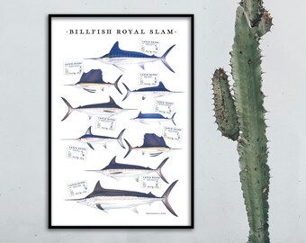 CUSTOM for KELLY; 24"x36" giclee print with 9 Billfish illustrations and unique Field Notes stamps to commemorate a future ROYAL Slam!