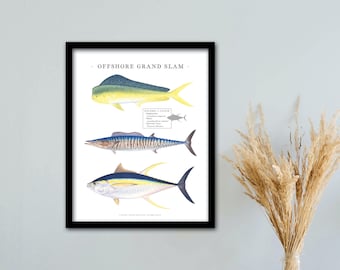 FRAMED 11x14 Offshore Dolphinfish, Wahoo, Yellowfin Tuna Grand Slam print; Framed IGFA grand slam print