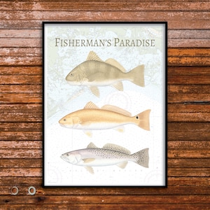 Póster de la carta NOAA de Fisherman's Paradise de 18 x 24; Póster de la carta NOAA de Luisiana; Cartel de Luisiana; Cartel del estado de Bayou; Tambor Negro, Tambor Rojo, Trucha