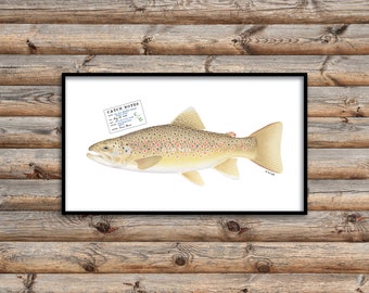 CUSTOM for TRAVIS; 40"x24" giclee print with 90.5 cm Brown Trout illustration and custom Catch Notes stamp