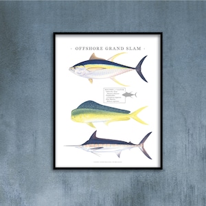 Puede incluir: Un póster blanco con el texto "OFFSHORE GRAND SLAM" en la parte superior. El póster presenta tres ilustraciones de peces: un atún de aleta amarilla, un mahi-mahi y un marlin. El texto "RECIPE of CATCH" está debajo de las ilustraciones, con una lista de los nombres de los peces.