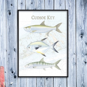 18x24 Cudjoe Key Tarpon Permit Bonefish poster with NOAA chart background; Cudjoe Key NOAA chart poster; Cudjoe Key poster