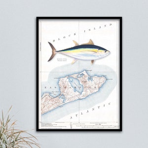 18x24 Easthampton / Montauk & Bigeye Tuna with vintage nautical chart poster; Easthampton, Montauk, Bigeye Tuna, vintage nautical chart