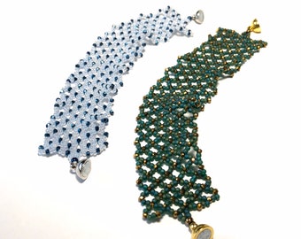 Handmade Blue-Dark Blue-Light Blue/Green-Gold Micro Crystal Bracelet-Netted Bracelet