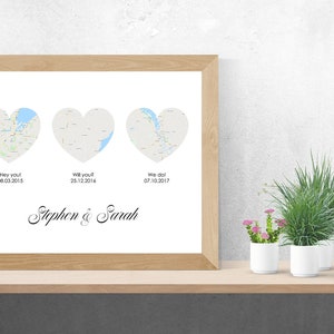 Gepersonaliseerde drie hart kaart ontwerp, locaties, huwelijkscadeau, verjaardag cadeau