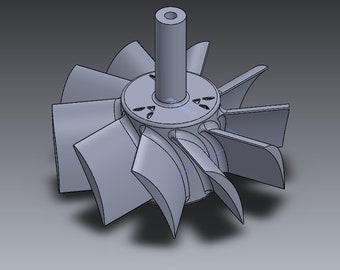 Puede incluir: Una turbina de metal gris con múltiples aspas y un eje central. La turbina está diseñada para su uso en una variedad de aplicaciones, incluidos los procesos industriales y de fabricación.