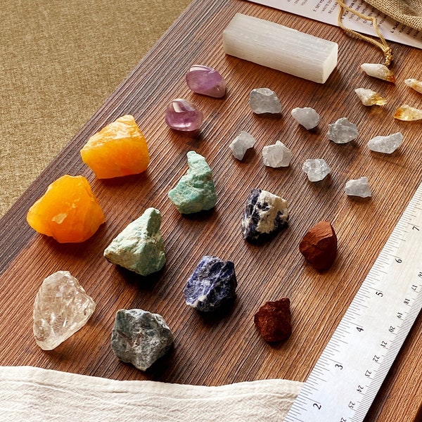 Chakra Crystal Grid Kit for Balance | with Raw Natural Stones and Flower of Life Crystal Grid Cloth