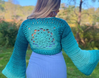 Modello per top avvolgente all'uncinetto con motivo Dalia: copricostume con maniche a campana e motivo Mandala (modello PDF)