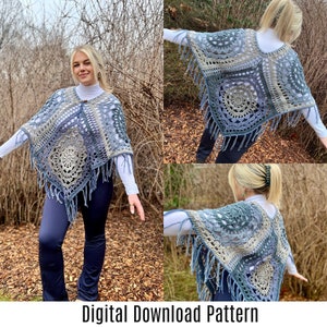 May include: A crochet poncho with a blue, green, and beige color scheme. The poncho has a fringe border and a geometric pattern. The text "Digital Download Pattern" is at the bottom of the image.
